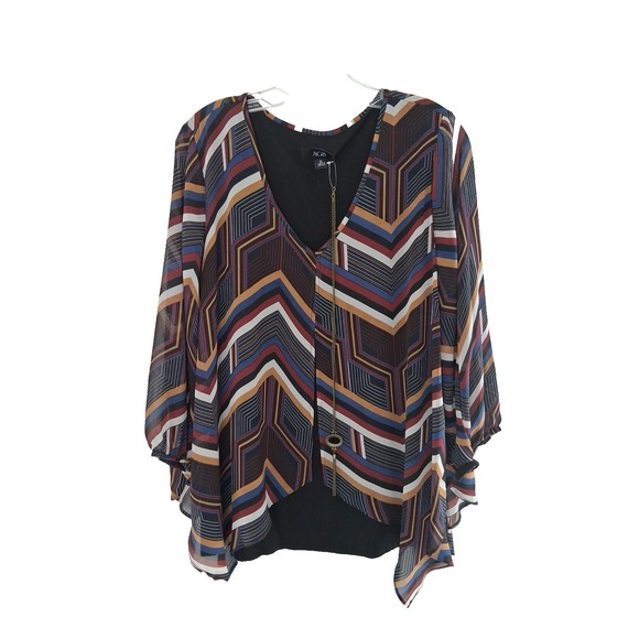 AGB Lagenlook Geometric Print Layered Blouse Size XL With Statement Necklace New - Picture 1 of 11